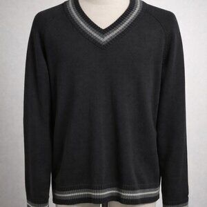 Express Men’s V-Neck Sweater Medium – Black & Gray Striped Knit